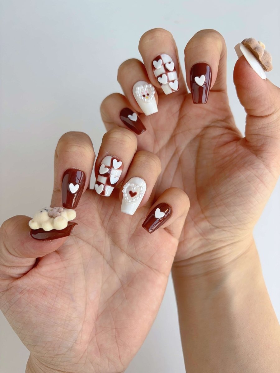 Full hand view of Cocoa Bear Blush press-on nails with romantic kawaii details