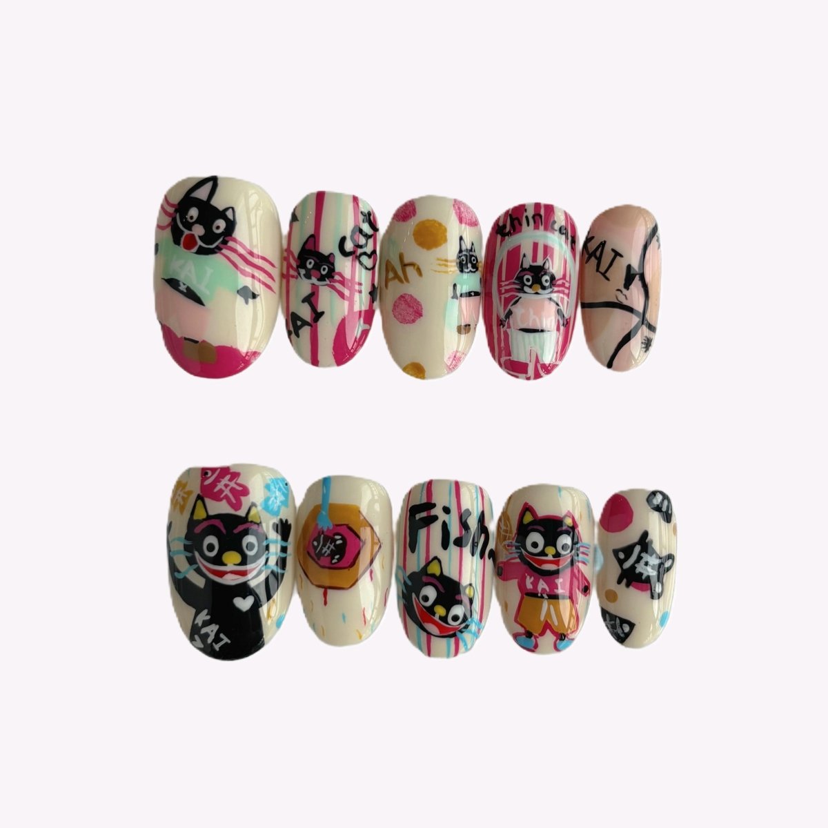 10 pc Handmade cat nail art press ons with French tips – almond shape