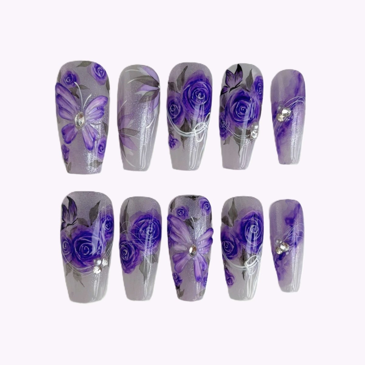 Long coffin press-on nails with hand-painted lavender roses and butterfly design in case