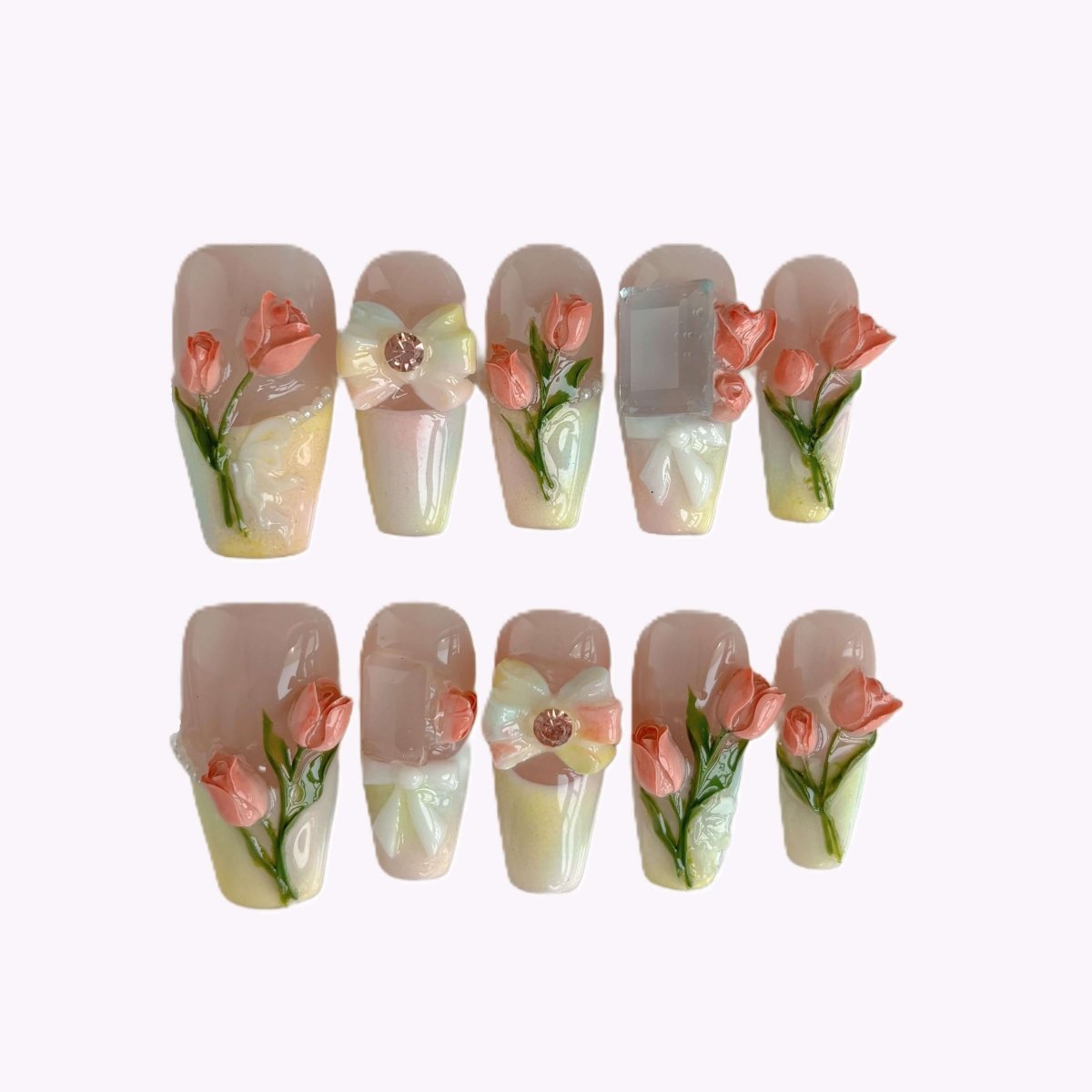 Full Blushing Buds nail set in case – 10 long coffin sculpted floral nails