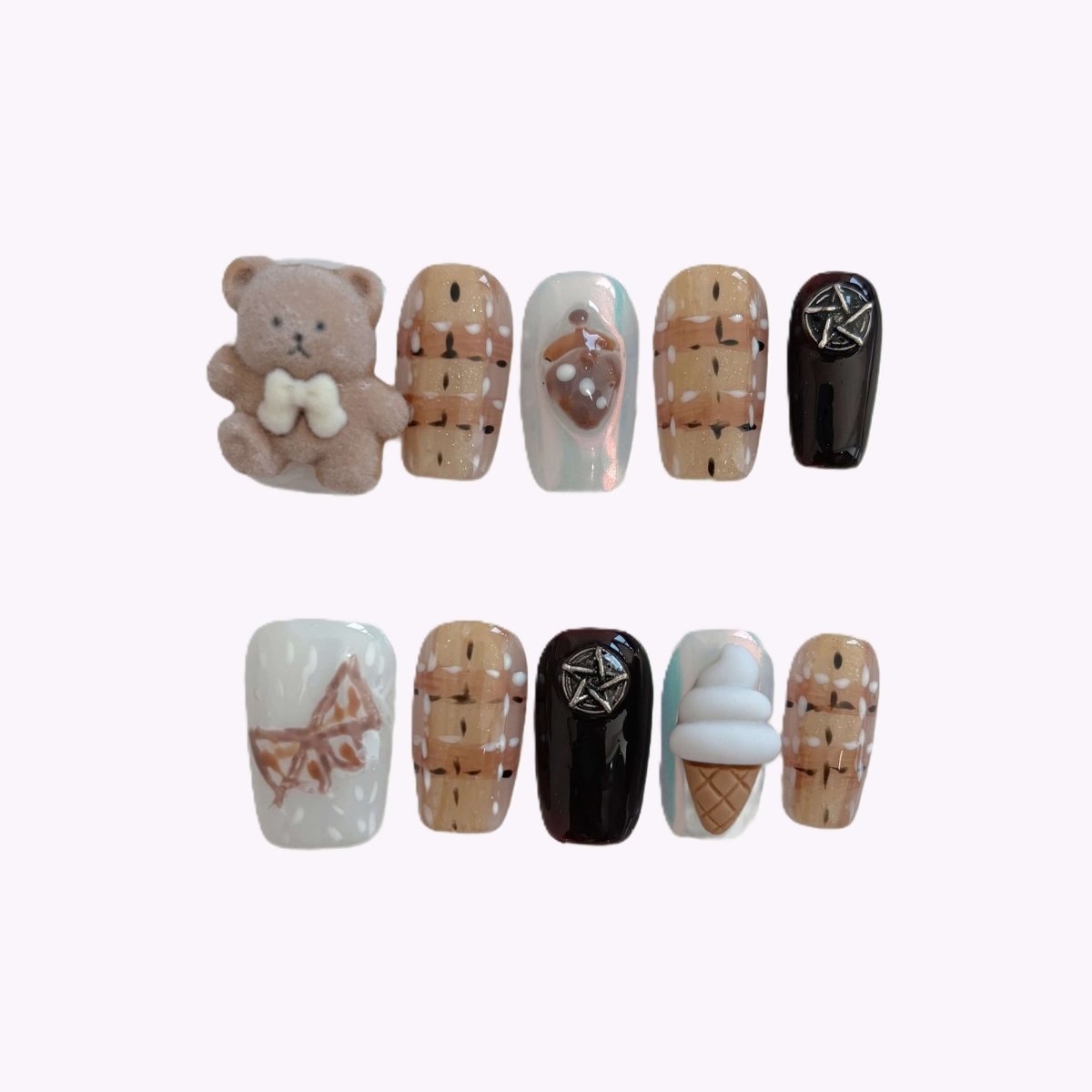 3D teddy bear and plaid press-on nails in storage case – handmade kawaii nail set