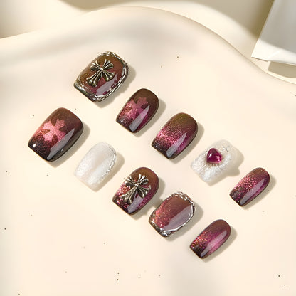 Silver glitter nail with purple gem heart detail from Garnet Eclipse set